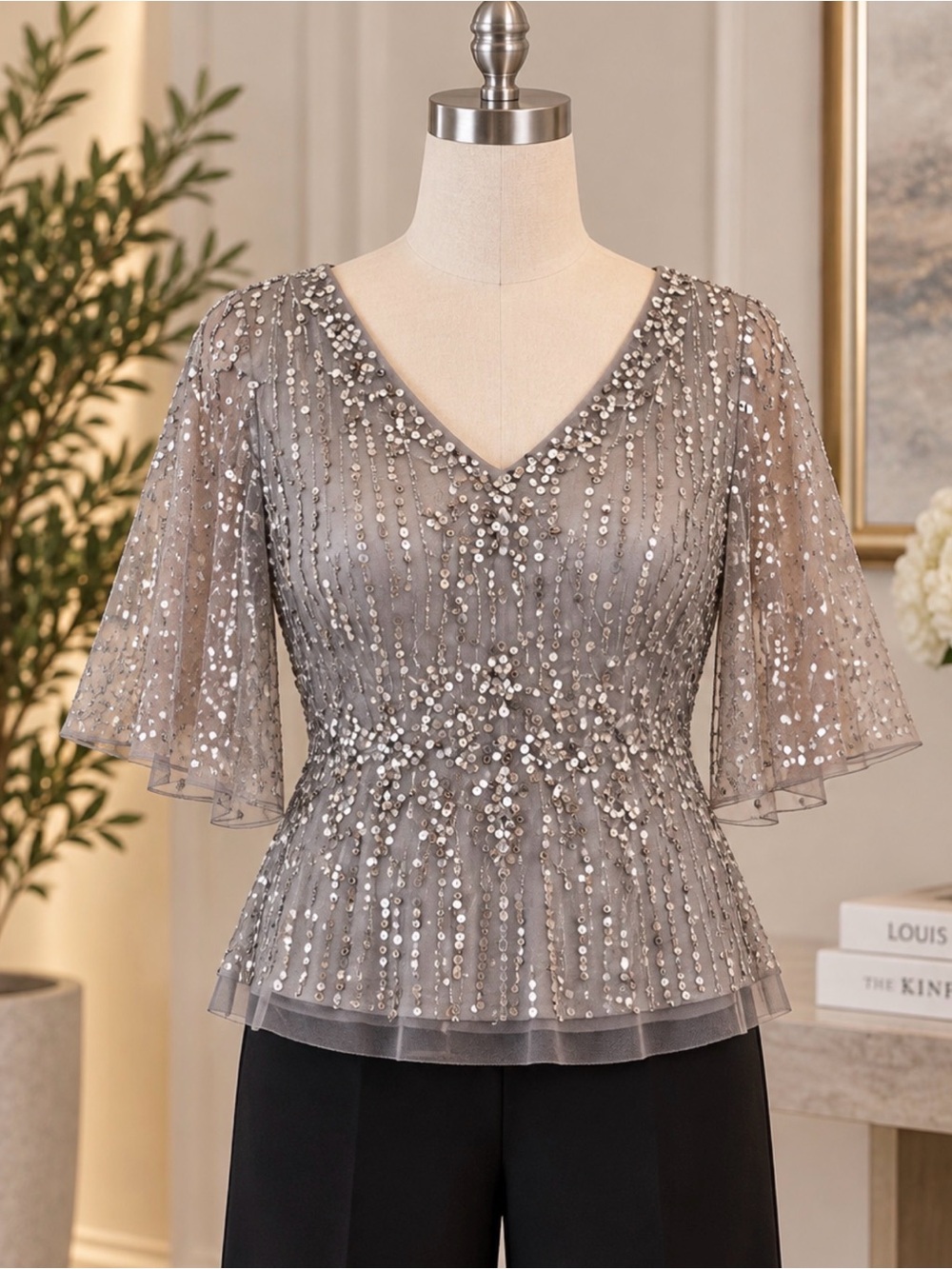 Embellished V-Neck Peplum Top - Silver - Picture 2 of 3